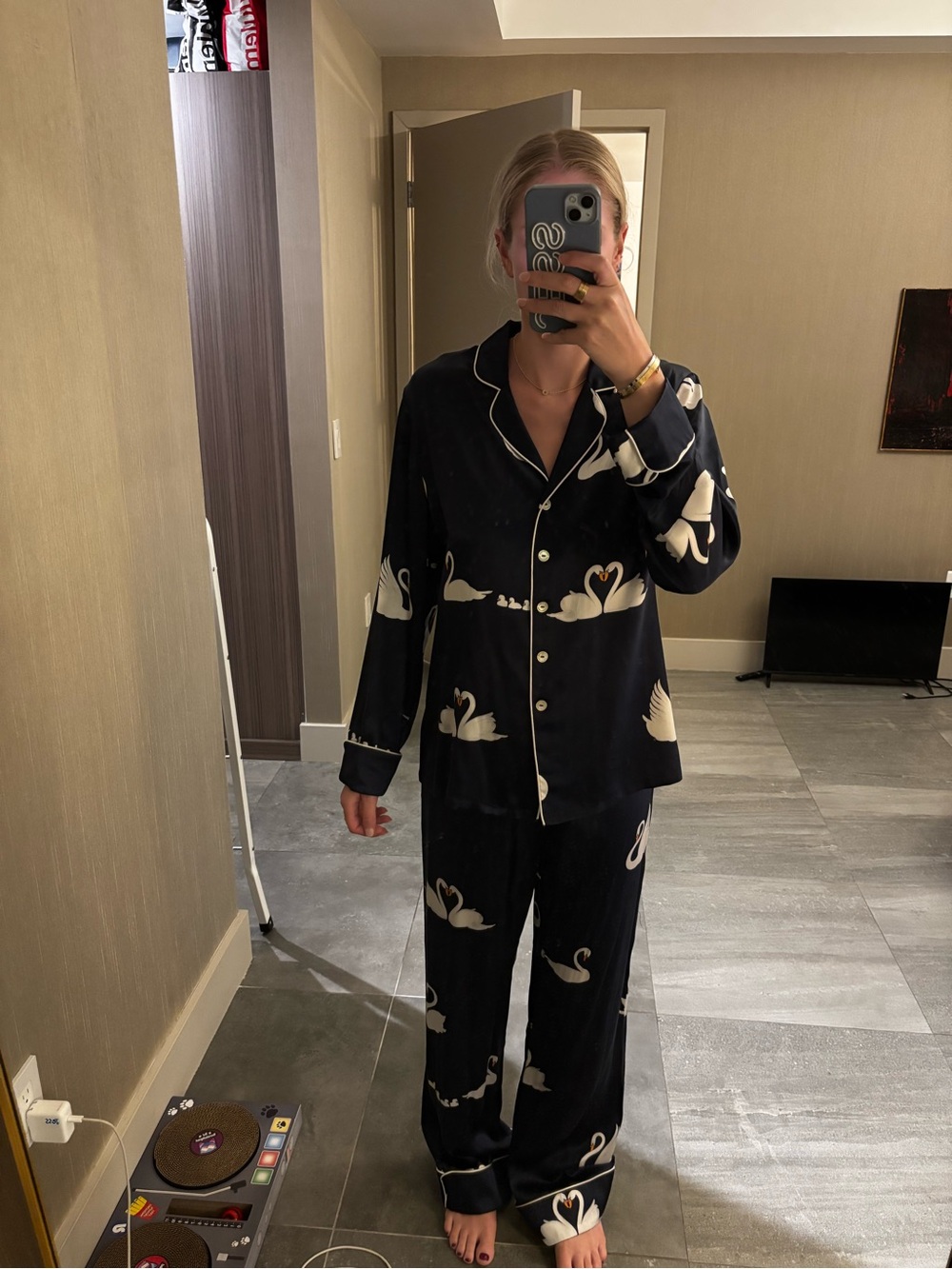 Lila Blanca Navy Swan Pajamas in Silk Satin